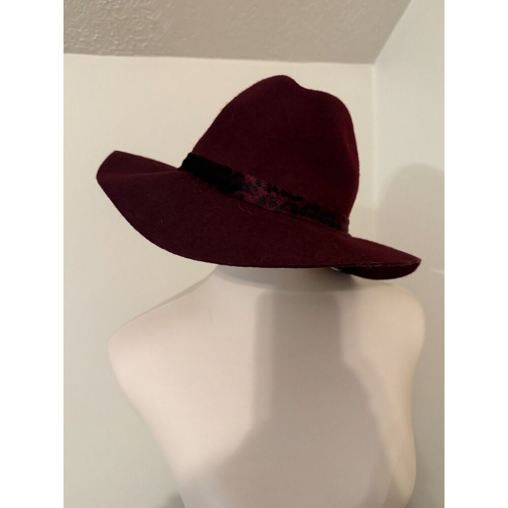 A New Day Women's Burgundy Wool Fedora Hat Wide Brim Leopard Print Band NWT